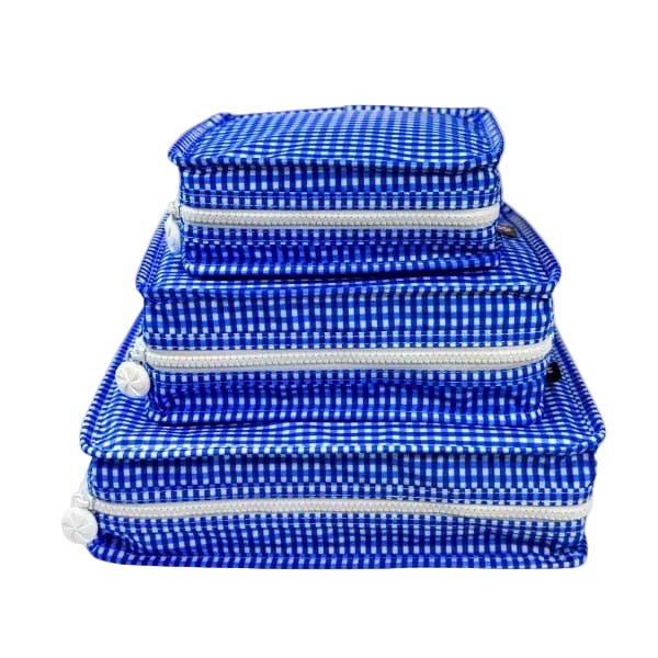 Stacking Pouch Set | Glossy Electric Blue Gingham