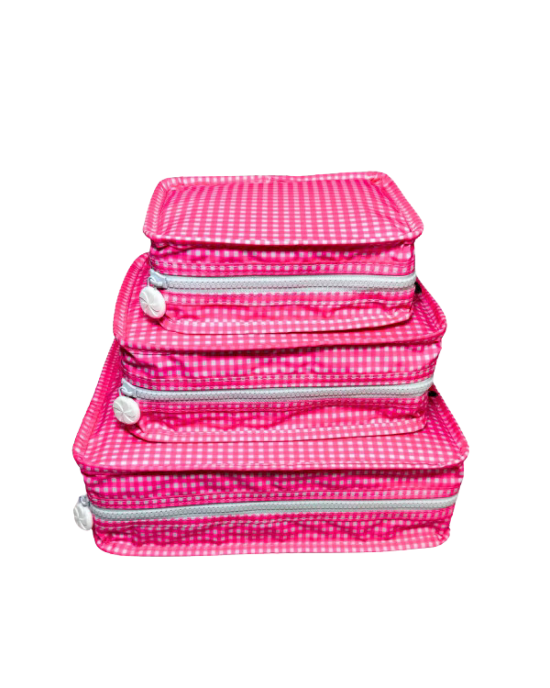 Stacking Pouch Set | Glossy Neon Pink Gingham